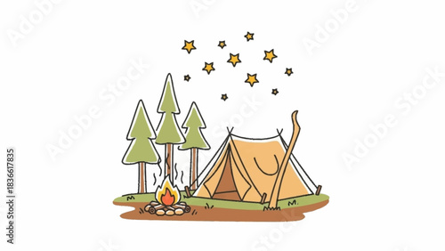 Camping and campfire with stars overhead, a peaceful outdoor scene with tent and trees