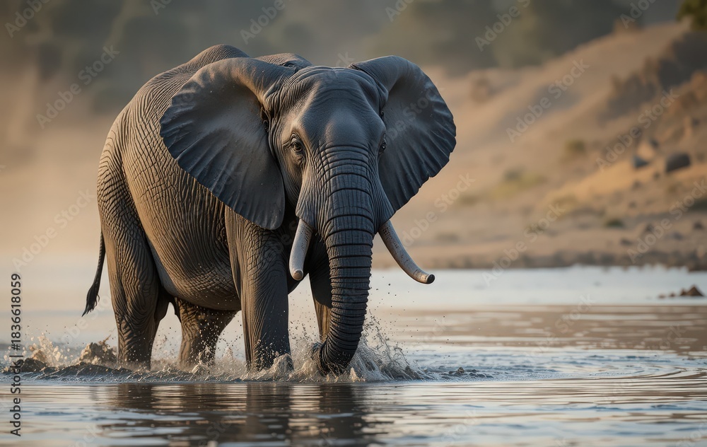 Fototapeta premium Powerful African Elephant Splashing While Wading Through Water at Sunset in the Wilderness