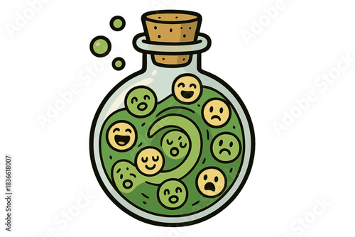 Cartoonish drawing of a glass bottle filled with green liquid and faces