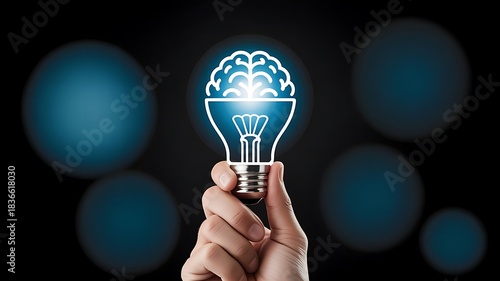 Hand holding glowing lightbulb with brain inside against blue bokeh background image