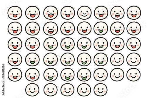 Row of cartoon faces with one of them smiling and the others frowning