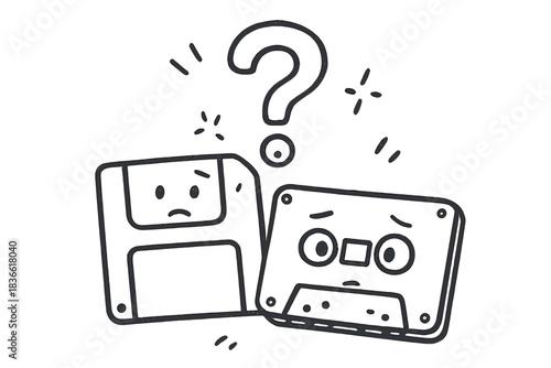Floppy disk and a cassette tape are shown with a question mark above them