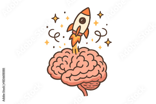 Cartoon drawing of a rocket launching off the top of a brain