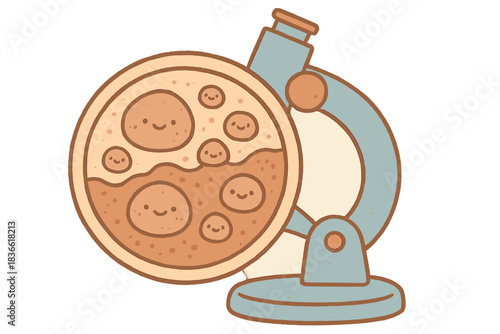 Cartoon drawing of a microscope with a pizza in the foreground