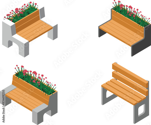 Modern isometric 3D urban benches with integrated planters and red flowers, stylish outdoor seating design elements for parks, plazas, and public spaces