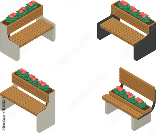 Modern isometric 3D urban benches with integrated planters and red flowers, stylish outdoor seating design elements for parks, plazas, and public spaces