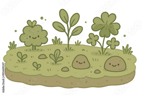 Cartoon drawing of a field with a clover, a tree, and a rock