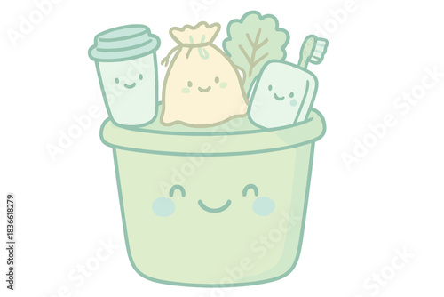 Cartoonish image of a green bucket with a smiling face