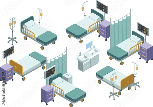 Modern isometric hospital ward interior with medical beds, monitors, IV stands, partitions, healthcare equipment, sterile environment, professional medical facility design
