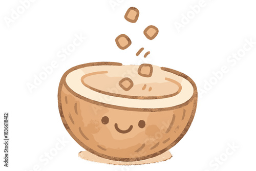 Cartoon drawing of a smiling coconut with a bowl of food in it