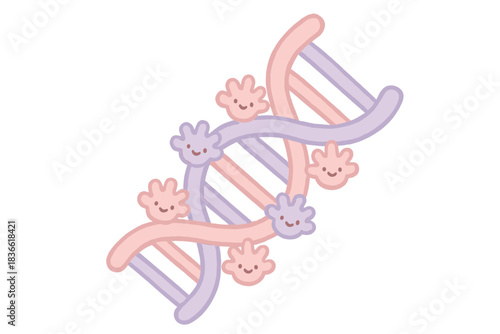 Cartoon drawing of a DNA strand with a pink and purple color scheme