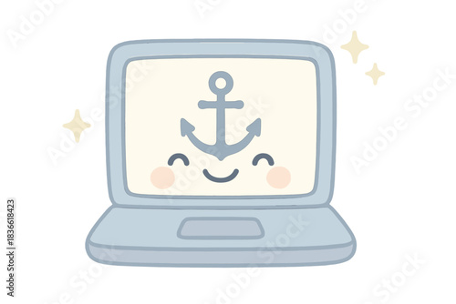 Cartoon laptop with a smiling face and an anchor on the screen