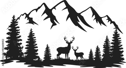 Mountain wilderness silhouette scene with deer, pine trees, forest landscape illustration, wildlife nature artwork, outdoor adventure design for scenic backgrounds