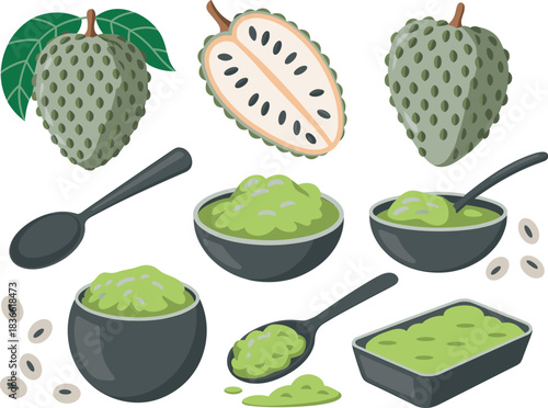Soursop fruit and pulp illustration set featuring whole fruit, cut slice, seeds, bowls and spoons of creamy green guanabana puree