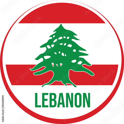 Lebanon Flag Badge Circle Design, Circular badge design featuring the Lebanon flag and cedar tree emblem in a modern vector style.