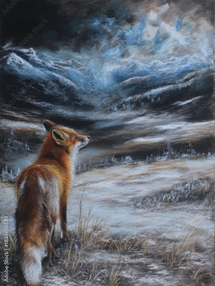 Naklejka premium Fox Overlooks Snowy Hills to Represent Transformation Spirit in Shinto Myth During Winter