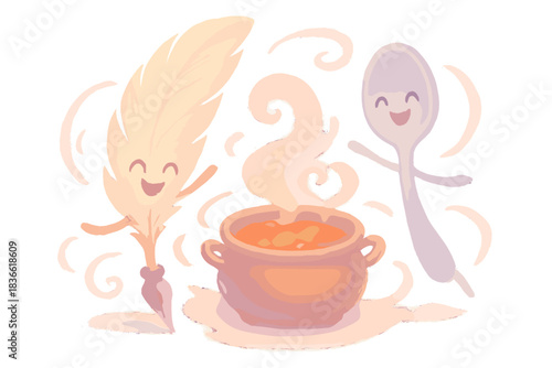 Cartoon drawing of a pot of soup with a feather and a spoon
