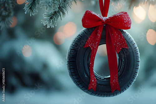 Close up of christmas car tire with red bow on it hanging on red ribbon on soft white background with slight bokeh effect, medium shot, big empty space for text