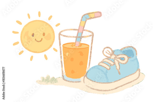 Cartoon drawing of a smiling sun, a glass of orange juice, and a blue shoe