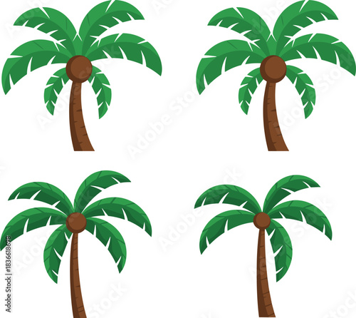 Tropical palm tree vector illustration set featuring four cartoon coconut trees with green leaves and brown trunks, summer island nature design elements