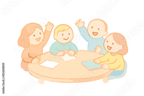 Group of children are sitting around a table, with one of them waving