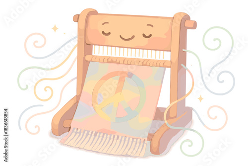 Wooden loom with a peace sign on it