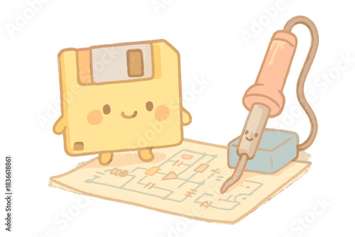 Cartoon character is holding a floppy disk and a soldering iron