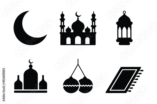 Islamic symbols collection crescent moon mosque lantern prayer mat and ornaments