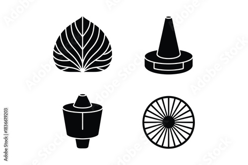 Four stylized black and white icons representing nature and objects
