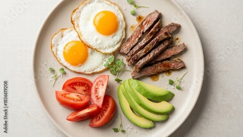 Wallpaper Mural A delicious plate featuring fried eggs, sliced steak, avocado, and tomatoes, garnished with microgreens, perfect for a hearty breakfast. Torontodigital.ca
