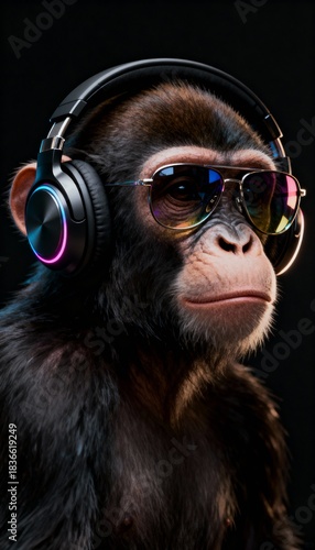 Wallpaper Mural A cool monkey wearing sunglasses and headphones, exuding a stylish and relaxed vibe against a dark background. Torontodigital.ca