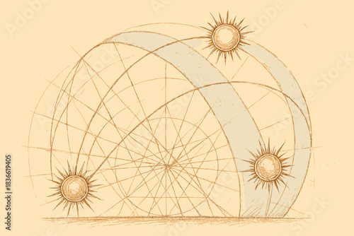 Drawing of three suns with a blue line in the middle