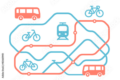 Blue and red line with a train and a bus on it