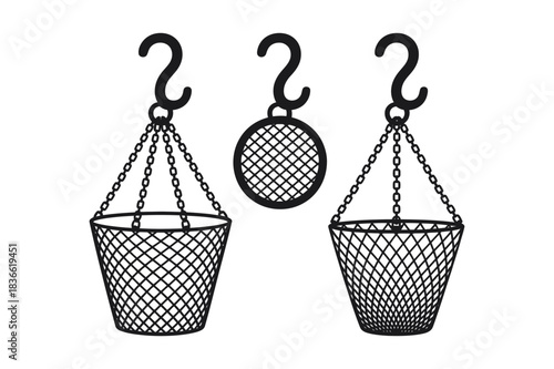 Three hanging wire baskets and a round wire planter