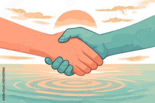 Two hands shaking in a circle of water