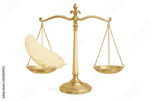 Gold scale with a feather on one side and a coin on the other