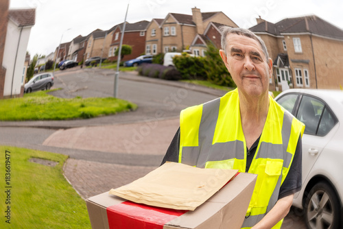 Distorted Doorbell Camera View of Courier Holding Parcel at Front Entrance