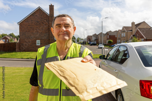 Mature Courier Reaching Out with Padded Mailer on a Sunny Residential Street