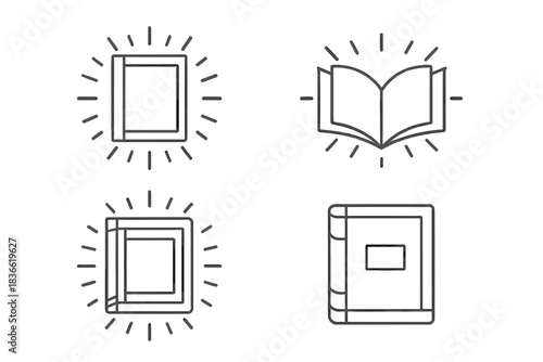 Four different book icons are shown, each with a different style and design