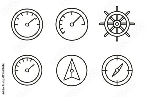 Set of six different icons, all of which are in black and white