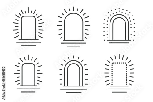 The image is a series of six different drawings of doors
