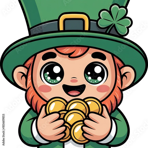 Kawaii leprechaun character with green hat and gold coins cute cartoon