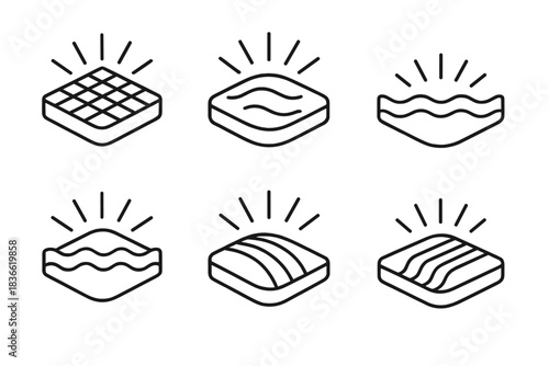 Series of six different types of mattresses are shown in a row