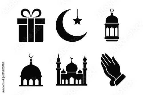 Islamic icons featuring crescent moon mosque gift lantern and praying hands