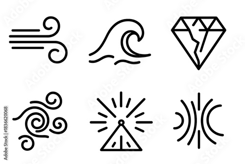Series of six different symbols, all of which are drawn in black and white