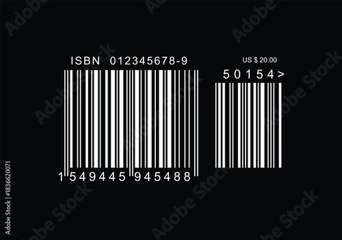 ISBN barcode for books black solid color background- Code 39, Code 128, UPC-A, UPC-E. EAN-13, EAN-8. Interleaved 2 of 5, ISBN.