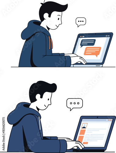 Young man typing on laptop, engaging in online messaging conversations