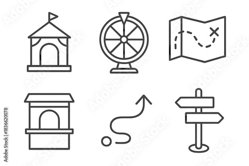 Series of icons for a theme park, including a dog house, a tent, a map