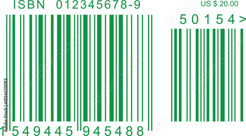 ISBN barcode for books green color- Code 39, Code 128, UPC-A, UPC-E. EAN-13, EAN-8. Interleaved 2 of 5, ISBN.