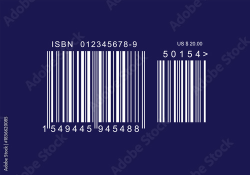 ISBN barcode for books blue color background- Code 39, Code 128, UPC-A, UPC-E. EAN-13, EAN-8. Interleaved 2 of 5, ISBN.
